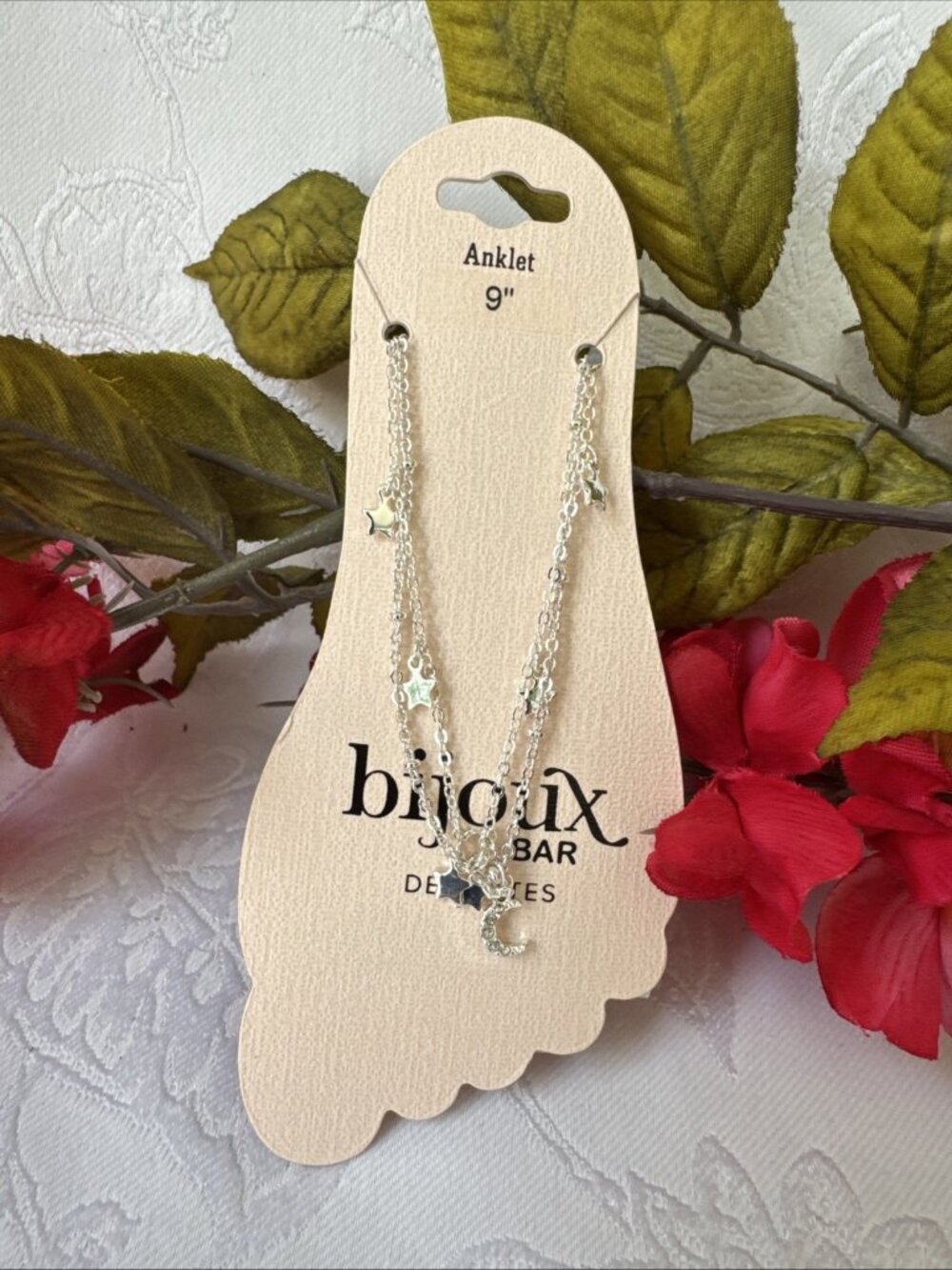 Bijoux Bar Delicates 2 Piece Silvertone Star Charms Anklet Ankle Bracelet 9" NEW